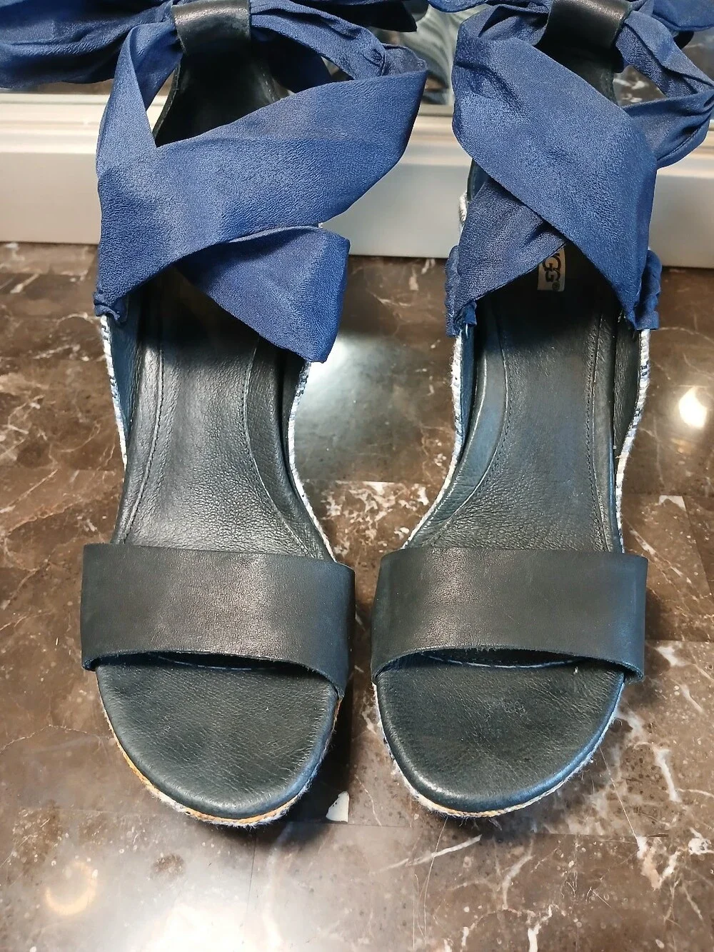 UGG Blue and White Striped Wedge Sandals with Navy Ankle Tie